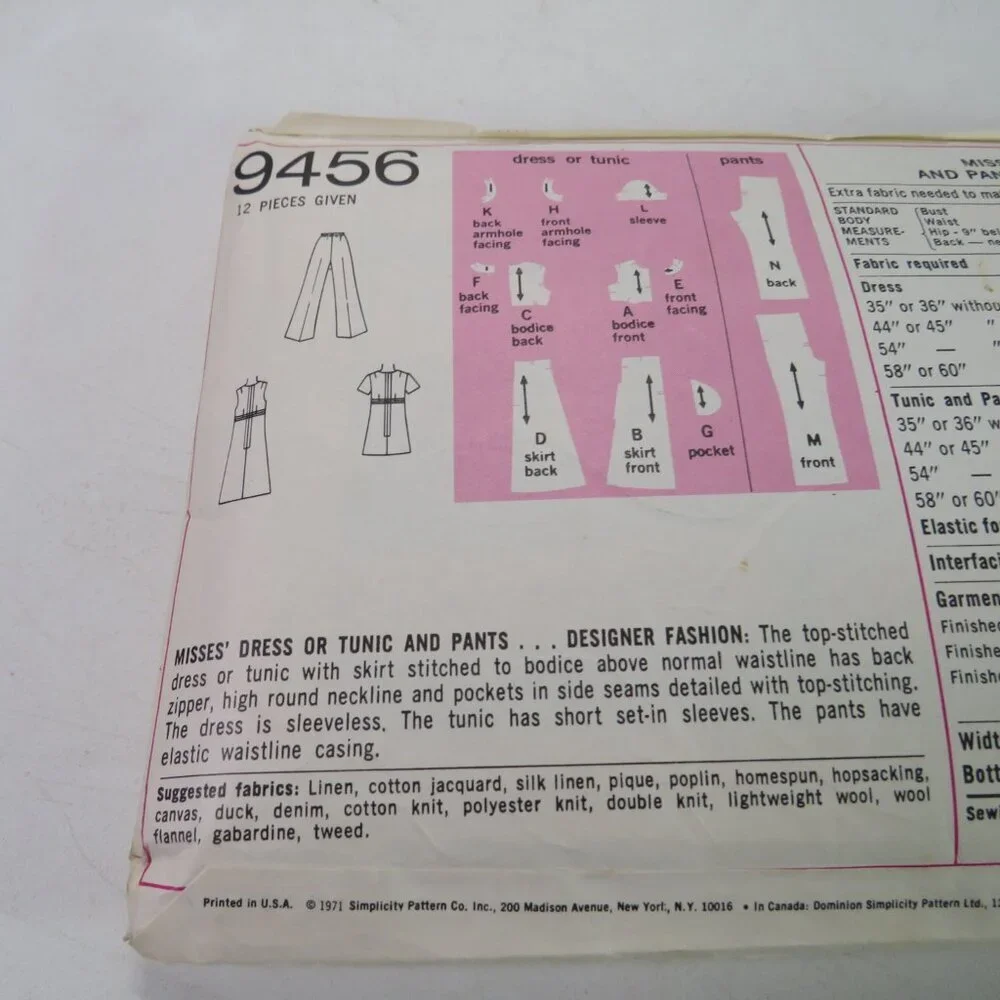 Simplicity 9456 Clothing Pattern Size 14 Dress, Pants straight leg